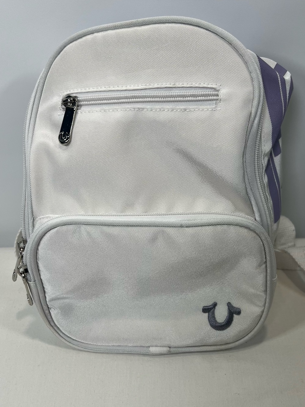 RARE True Religion Y2K Vibe Mini Backpack-Gray logo Purple Star Daypack- Flaws